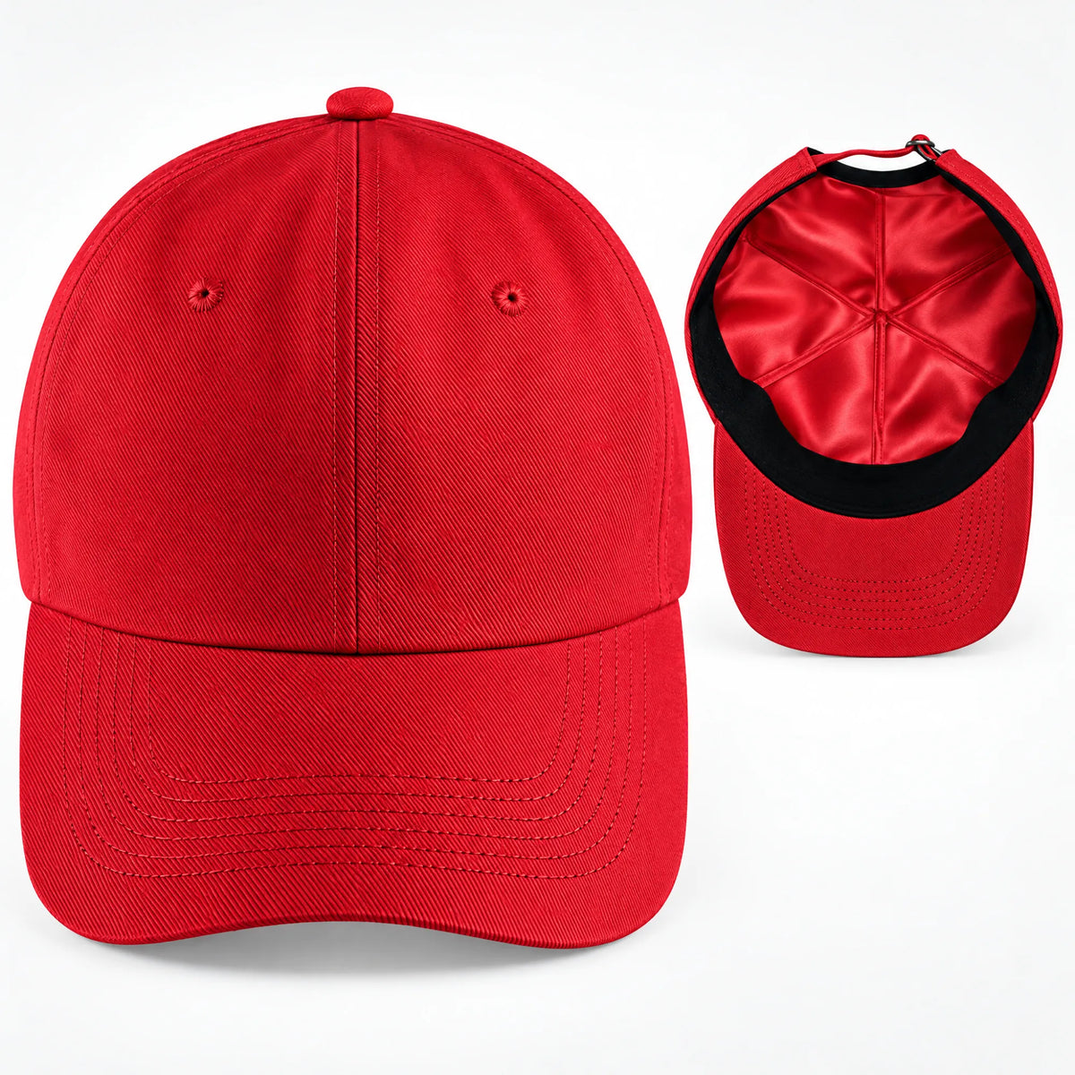 The Satin-Lined Cap in Crimson, with the satin-lined inside shown