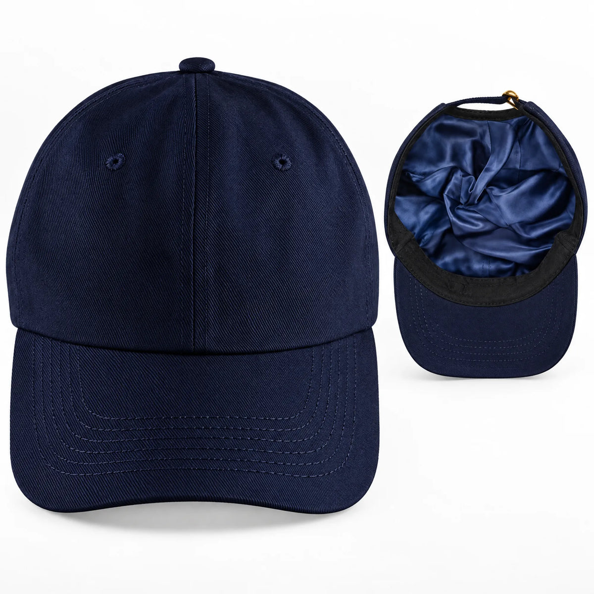The Satin-Lined Cap in Navy, with the satin-lined inside shown