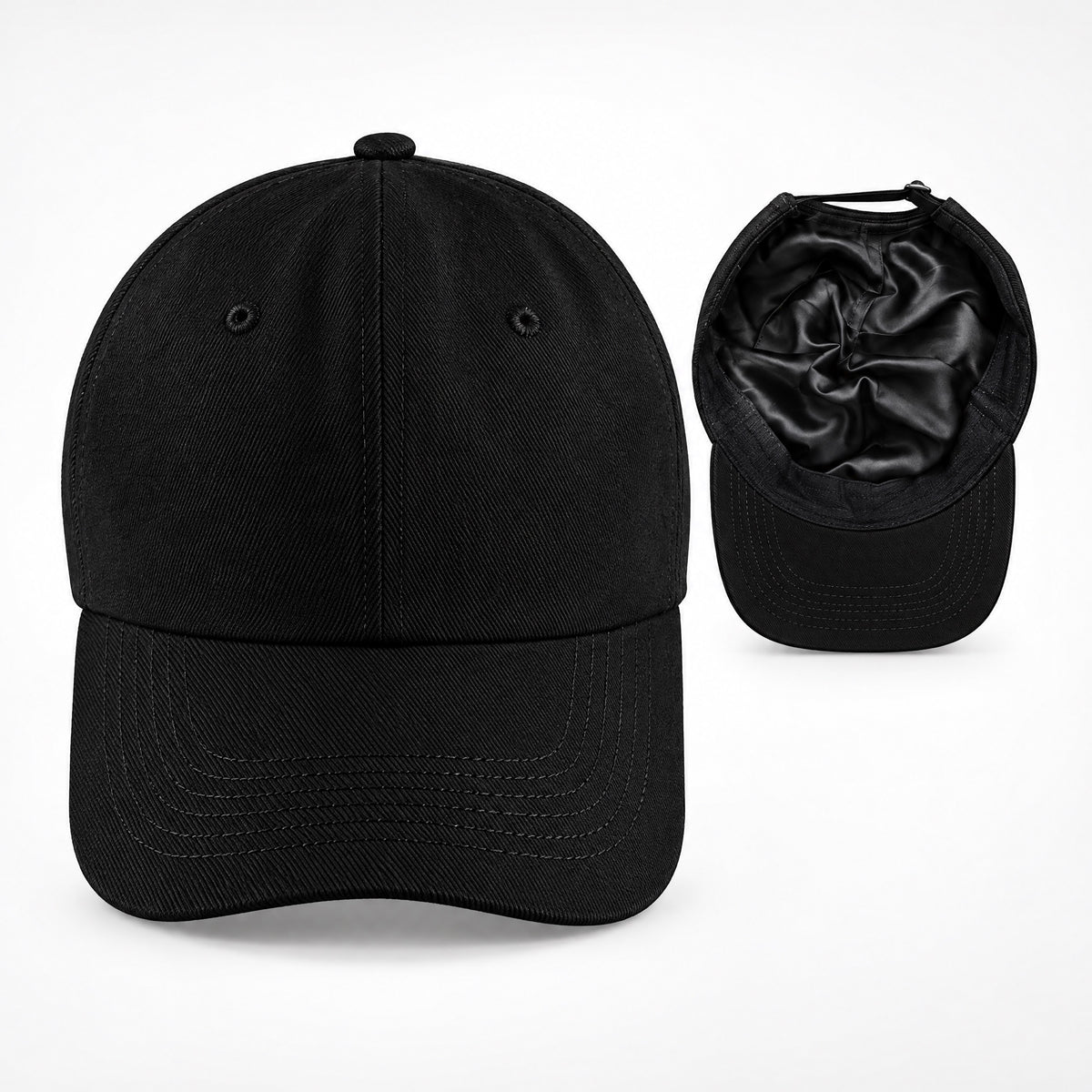The Satin-Lined Cap in Noir, with the satin-lined inside shown