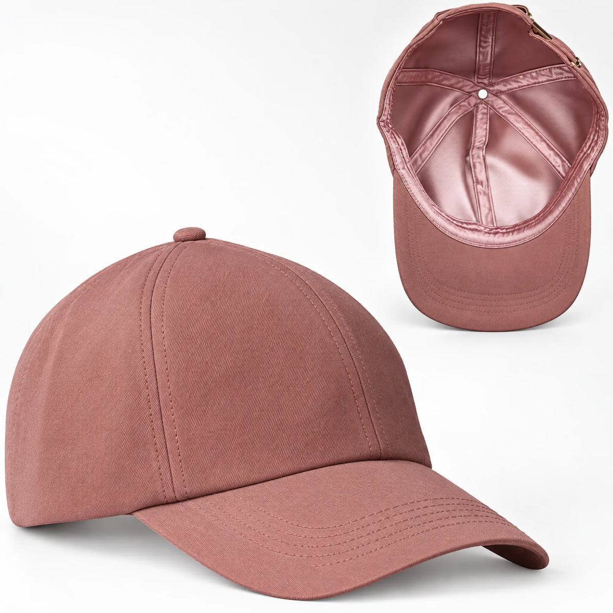 The Satin-Lined Cap in Rose, with the satin-lined inside shown